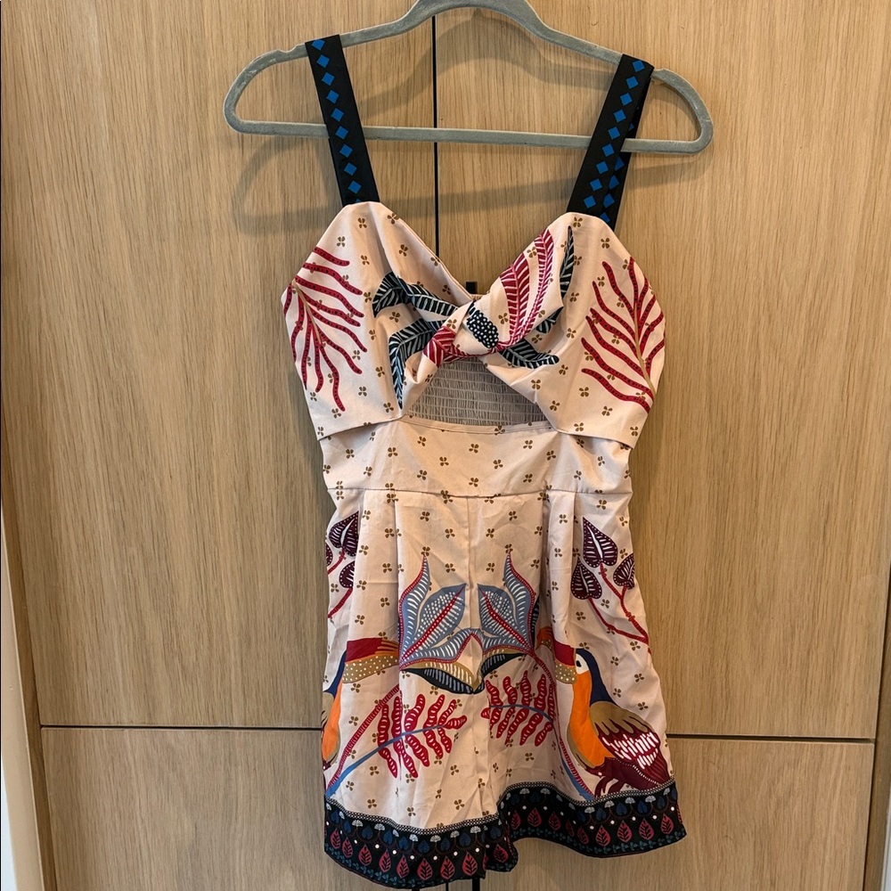 Farm Rio inspired Cream Tropical Print Smocked Sundress with Navy Diamond Straps